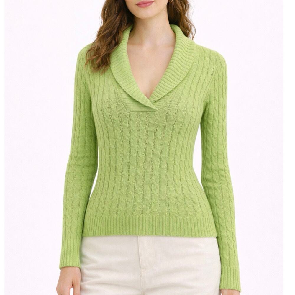 Lauren Ralph‎ Lauren Women Cable Knit Silk Cashmere Sweater M Lime Green Preppy
